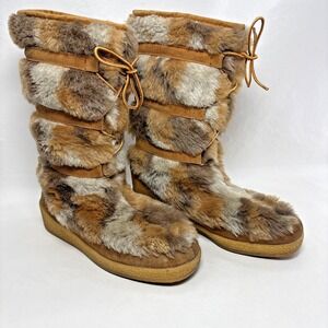 Women's Yodelers Size 8 Vintage Fur Boots Made In the USA Brown Faux Fur & Suede
